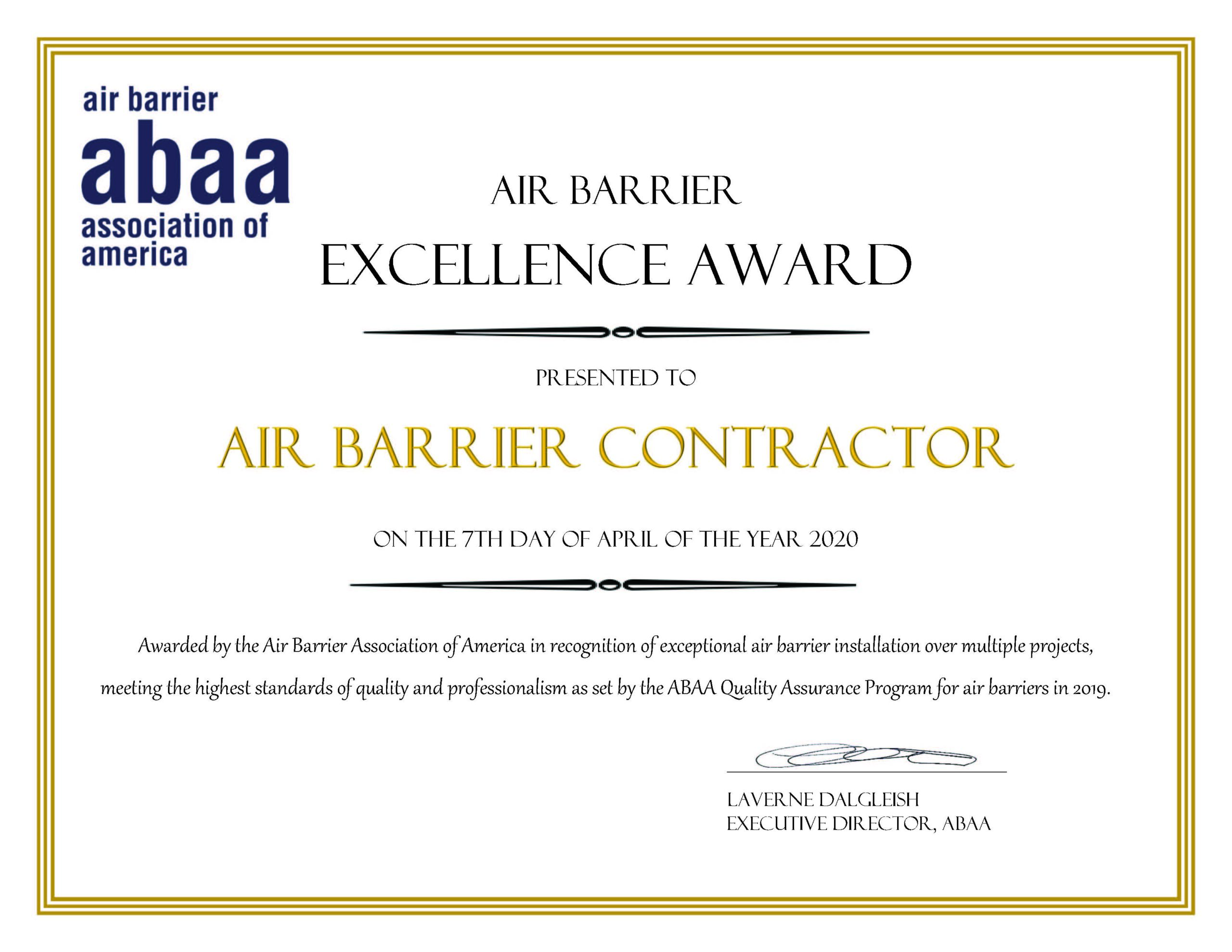 Air Barrier Excellence Certificate